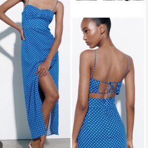 Zara Blue Polka Dot Midi Linen Dress – Open Back